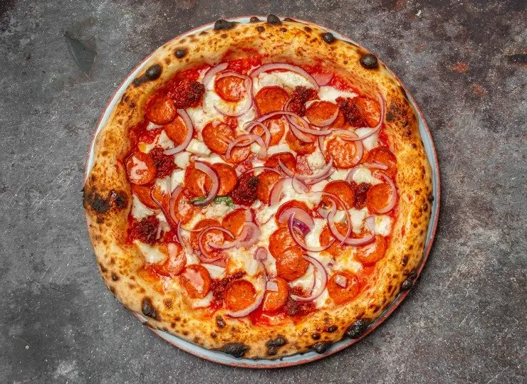 Wood-fired pizza topped with tomato sauce, mozzarella, pepperoni and sliced red onions.
