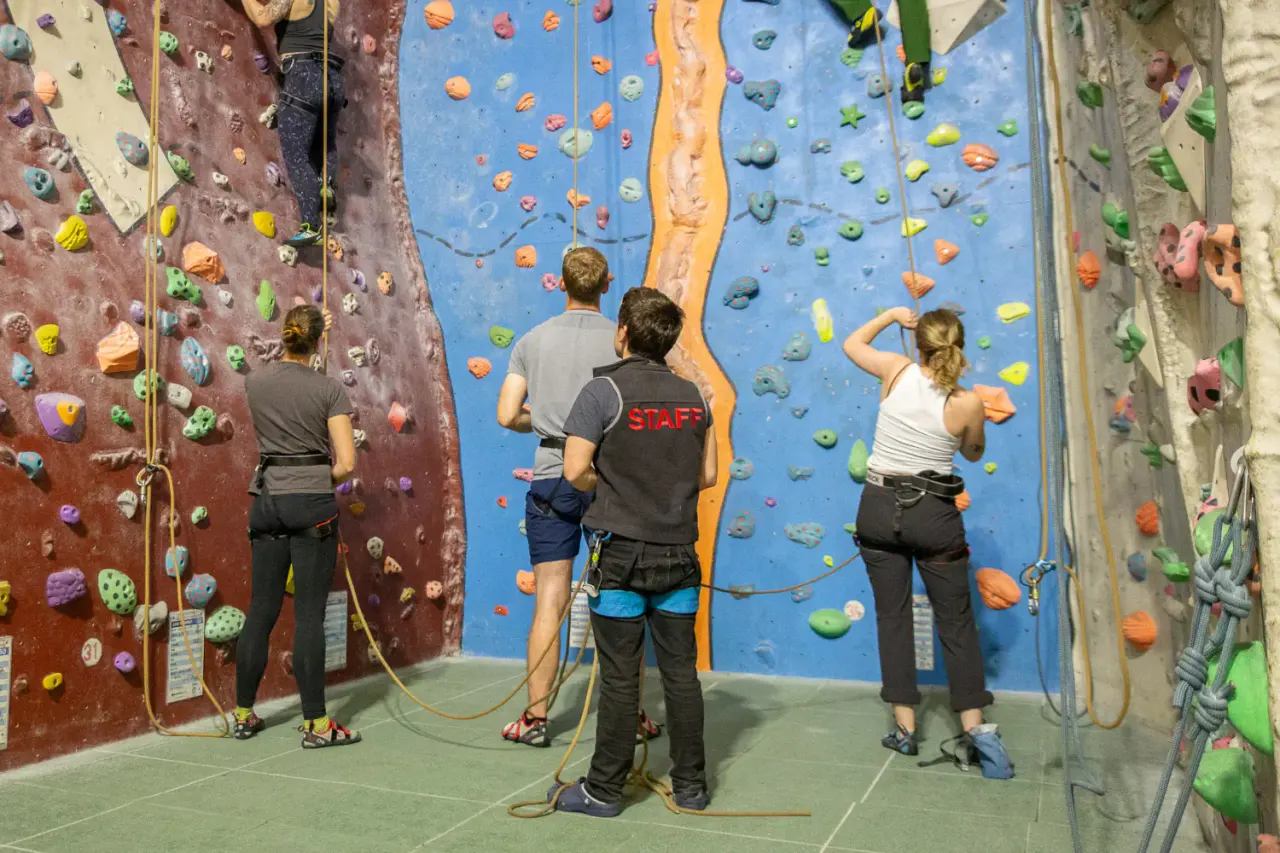 Three people rock climbing on indoor climbing walls with coloured holds, roped for safety.