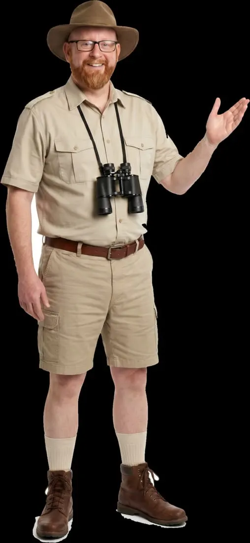 Man in khaki ranger uniform with hat and binoculars gestures welcomingly against black background.