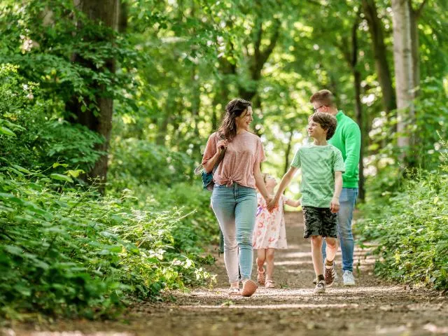 Family walking along a tree-lined path through woodland.