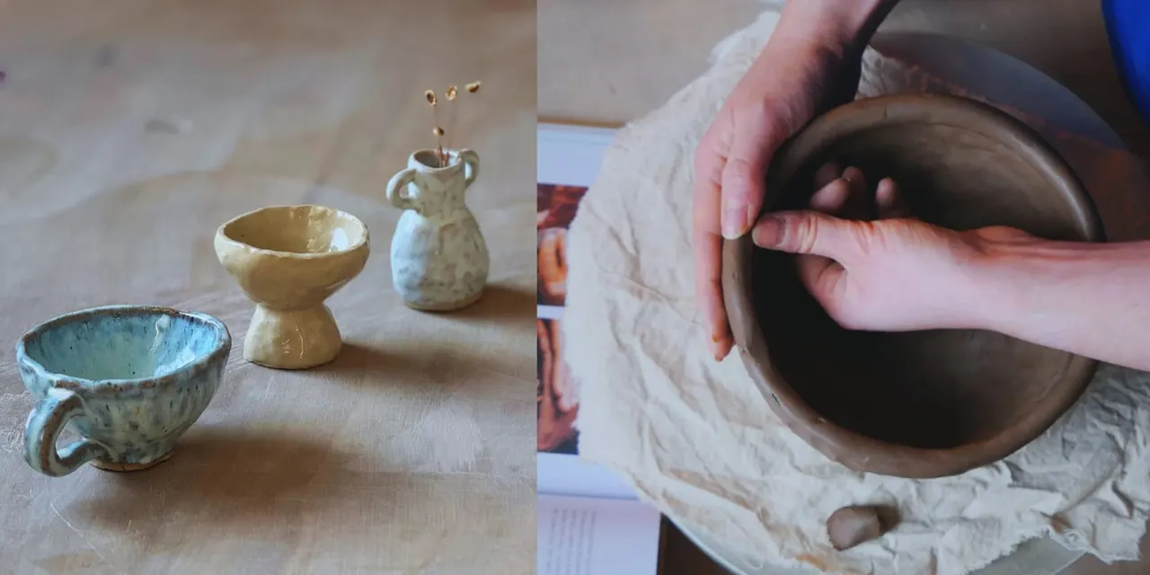 Handmade ceramic bowls and vessels displayed on a table, with close-up of hands holding a clay pot.