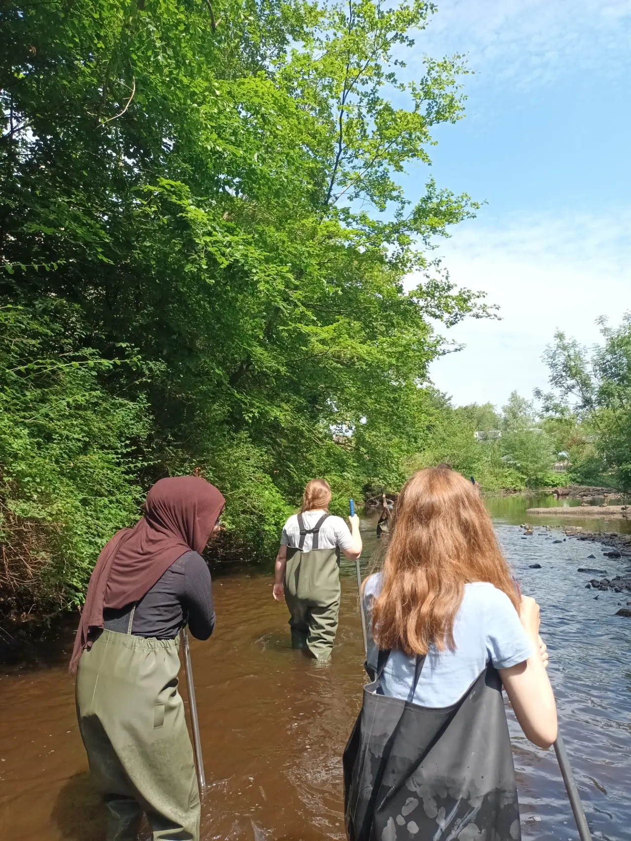People wading in a shallow river in waders, with lush green trees lining the water under a blue sky.
