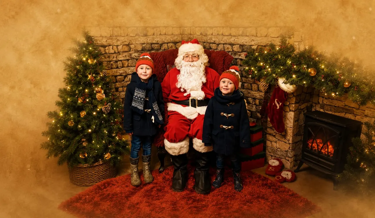 Father Christmas sits with three young children in front of a fireplace decorated with garland and lights.