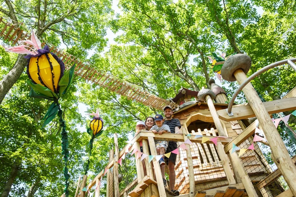 Children on a wooden treehouse platform surrounded by leafy green trees with decorative yellow and purple ornaments.
