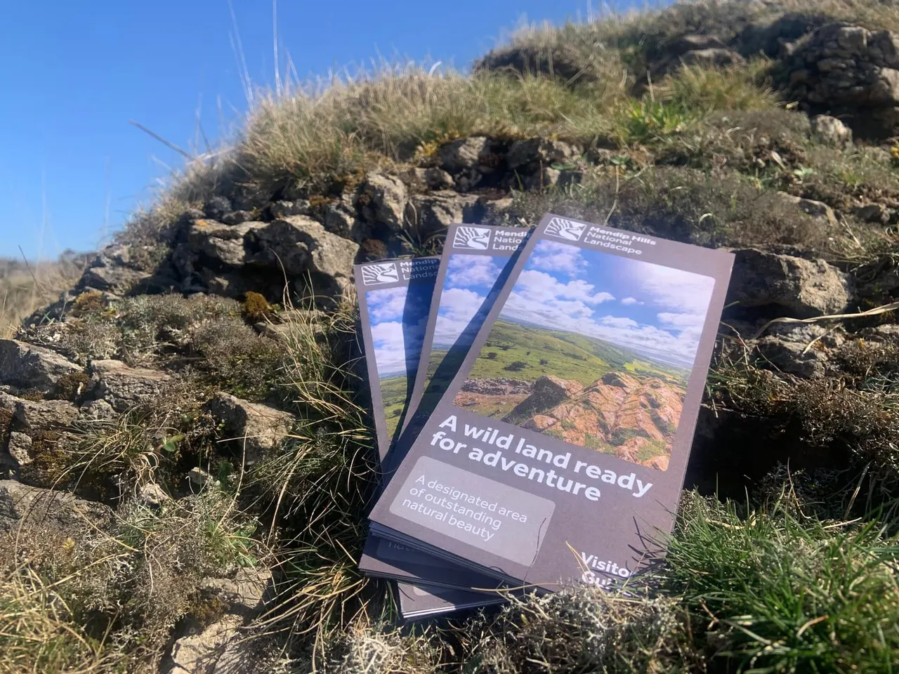 Promotional leaflets displayed on a rocky hillside with sparse vegetation and blue sky.