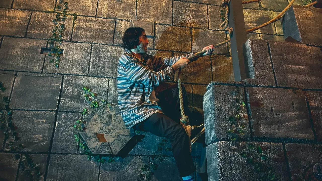 Man in striped shirt climbing rope across weathered stone wall with moss and climbing plants.