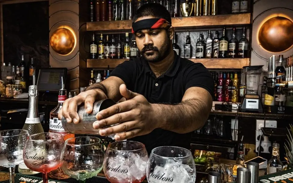 Bartender pouring a drink at a bar counter with bottles and glasses displayed behind him.