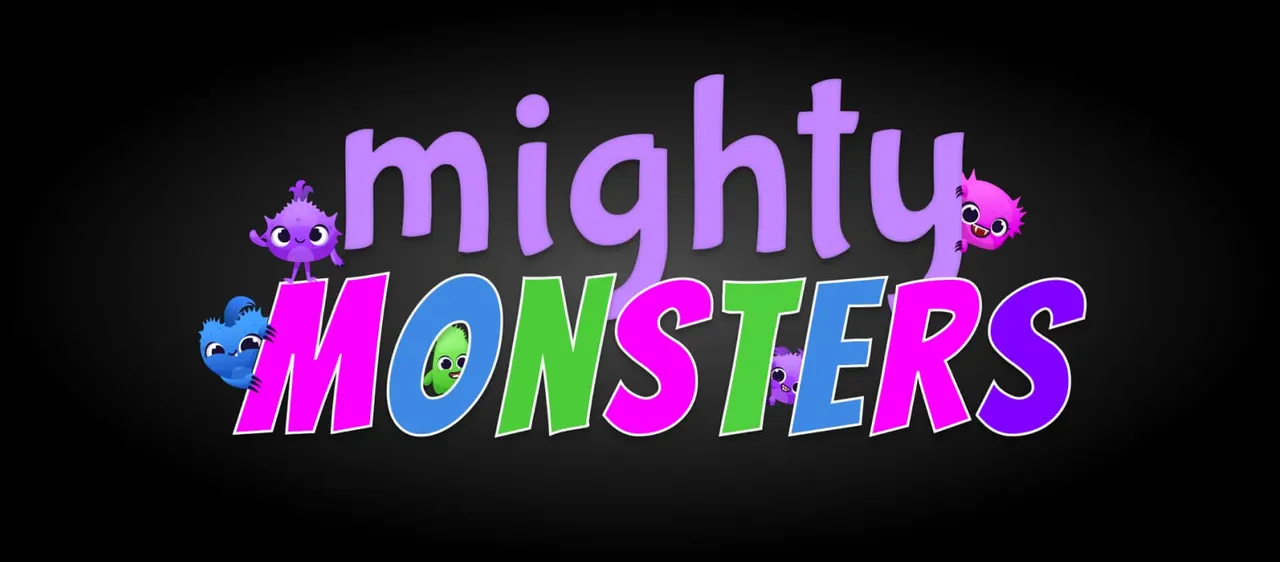 Mighty Monsters multicolour logo with cartoon monster mascots on a black background