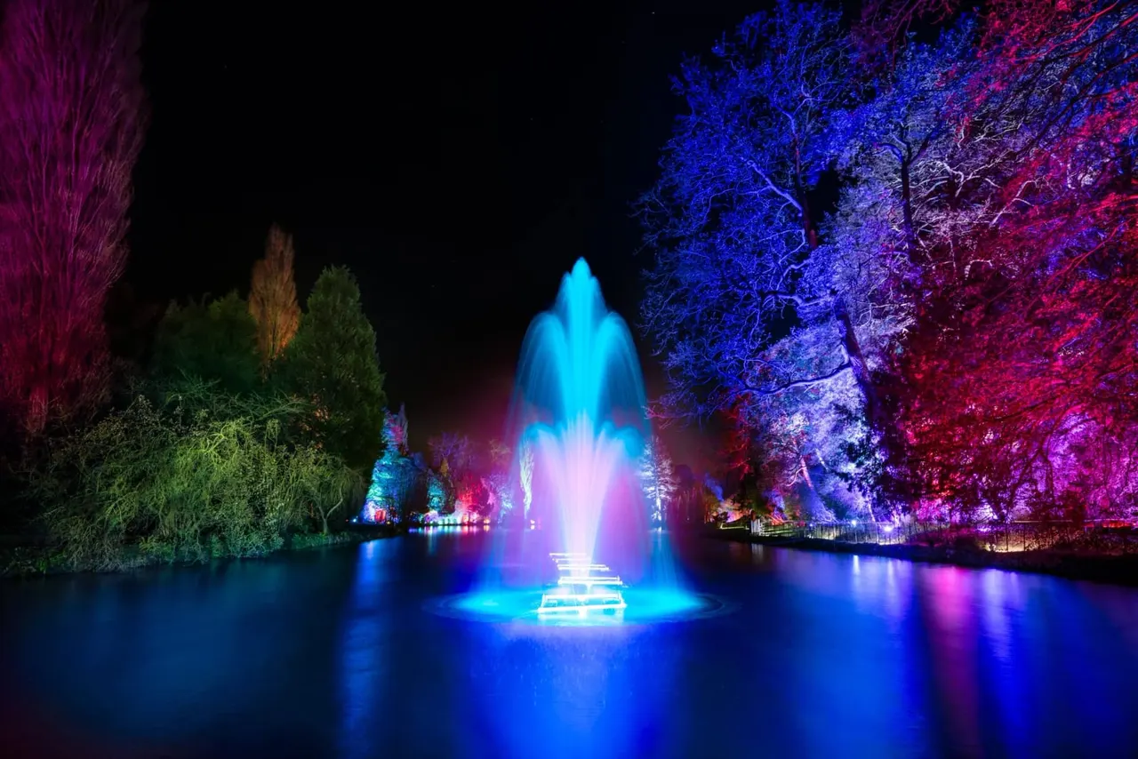 Illuminated fountain in a lake at night, surrounded by trees lit with vibrant blue, pink and purple lights.
