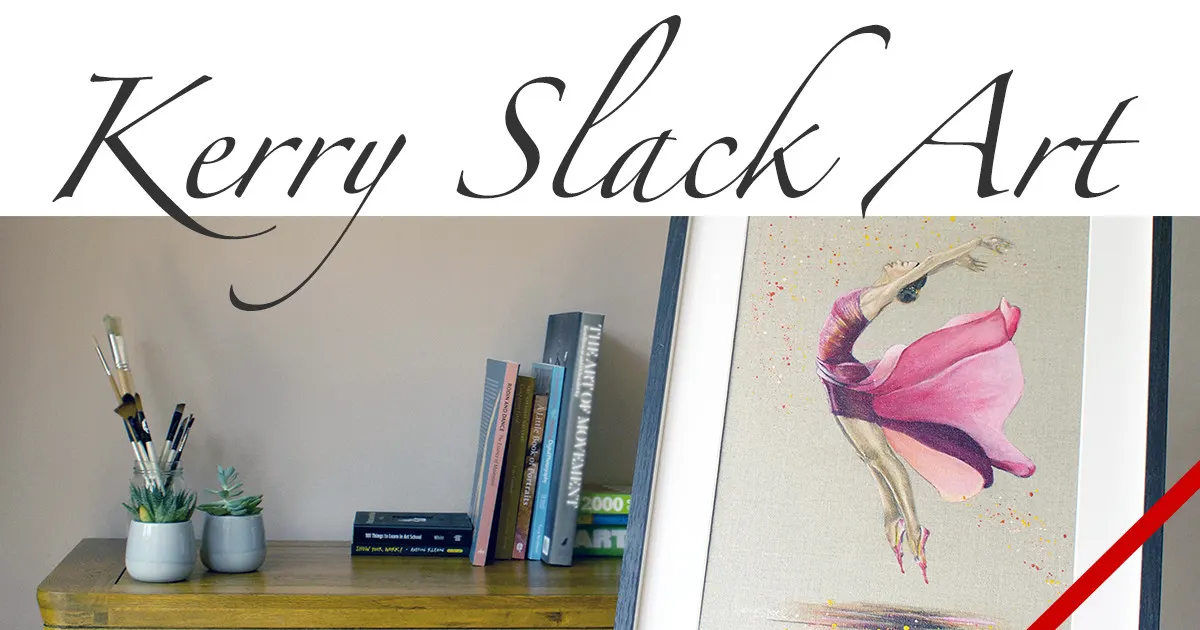 This is a designed graphic, displaying the "Kerry Slack Art" logo and branding with a photograph of a workspace shelf and an artwork sample.

GRAPHIC