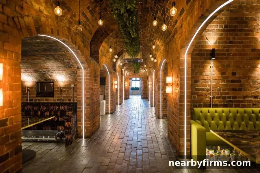 Illuminated brick corridor with arched ceilings, pendant lights, neon wall outlines, and upholstered seating alcoves.