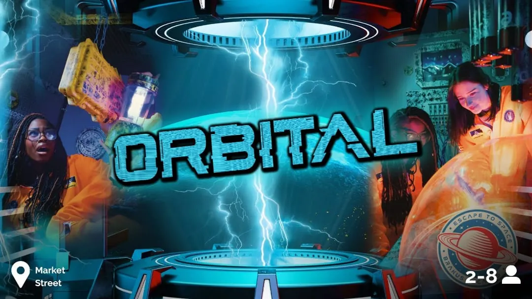 Break Escape Market Street Orbital escape room promotional still - space-themed set, 2-8 players