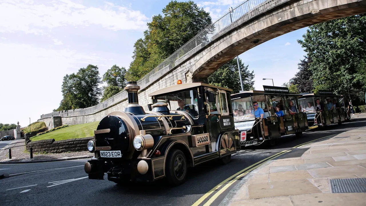 A black and gold miniature train carrying passengers travels along a road beneath a curved concrete bridge in green countryside.