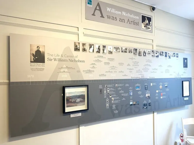 Museum display wall about William Nicolson featuring photographs, timeline, and a framed landscape painting.