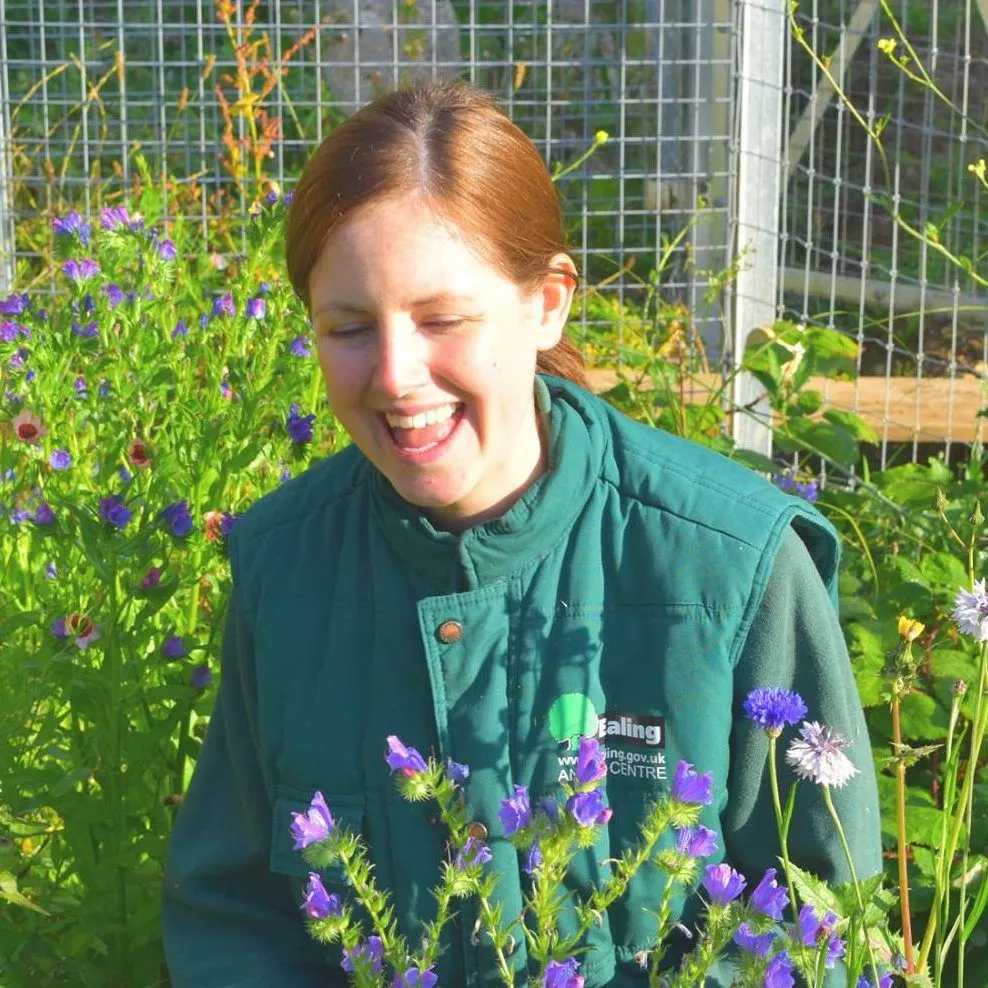 A young woman in a dark green uniform smiles amongst purple and yellow flowering plants in a sunny garden enclosure.
