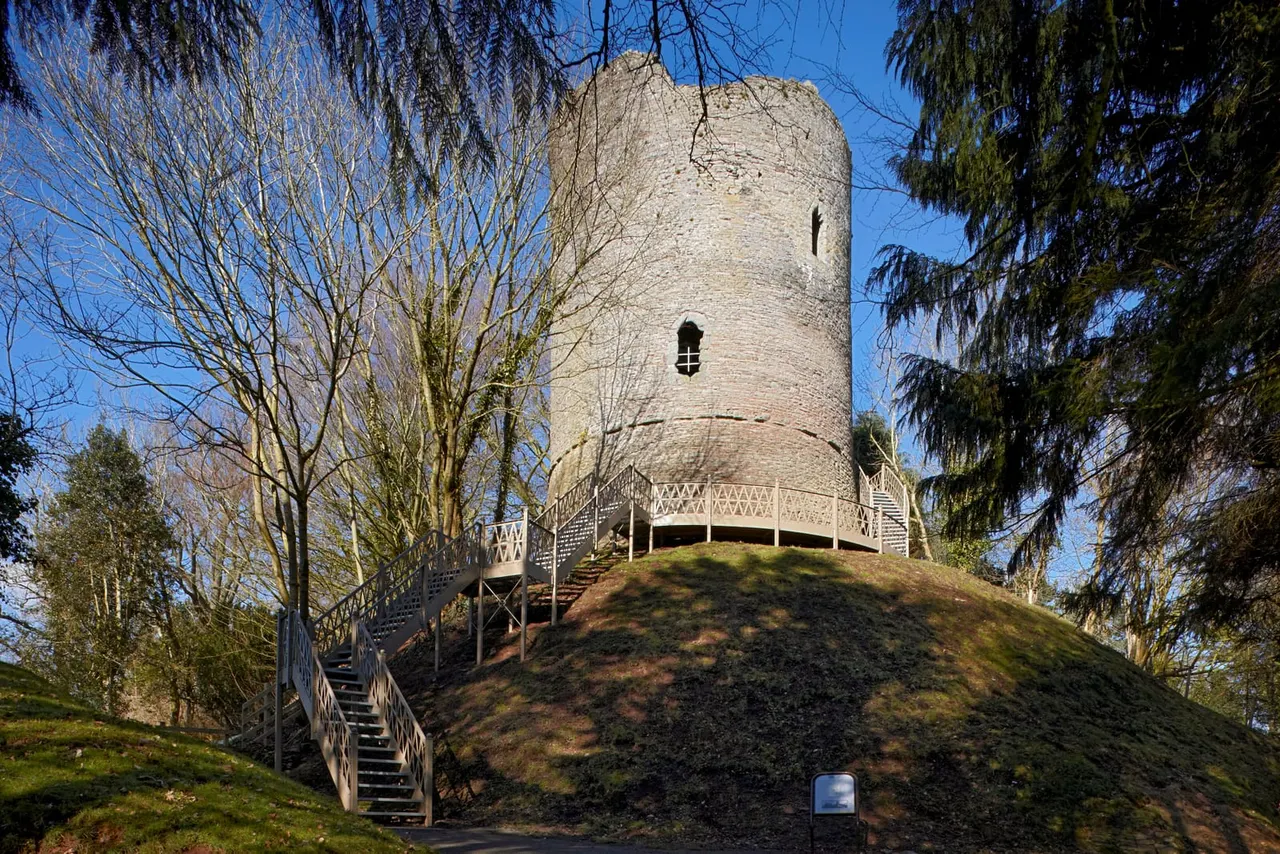 Stone circular tower surrounded by trees, with wooden stairs and railings leading up a grassy mound to the entrance under clear blue sky.