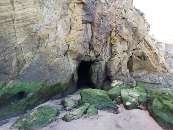 Dark cave entrance in layered rock cliff face with moss-covered boulders and sandy beach foreground.