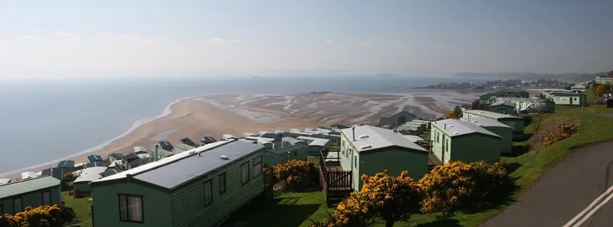 Clifftop holiday park with green chalets overlooking a sandy bay and sea, with yellow flowering shrubs in foreground.