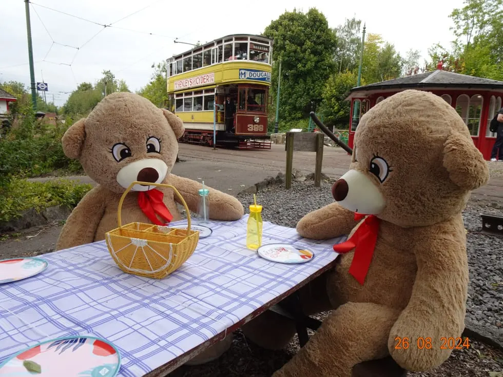 Two large teddy bears sit at a picnic table with a basket and plates, with a vintage yellow and red double-decker tram behind them.
