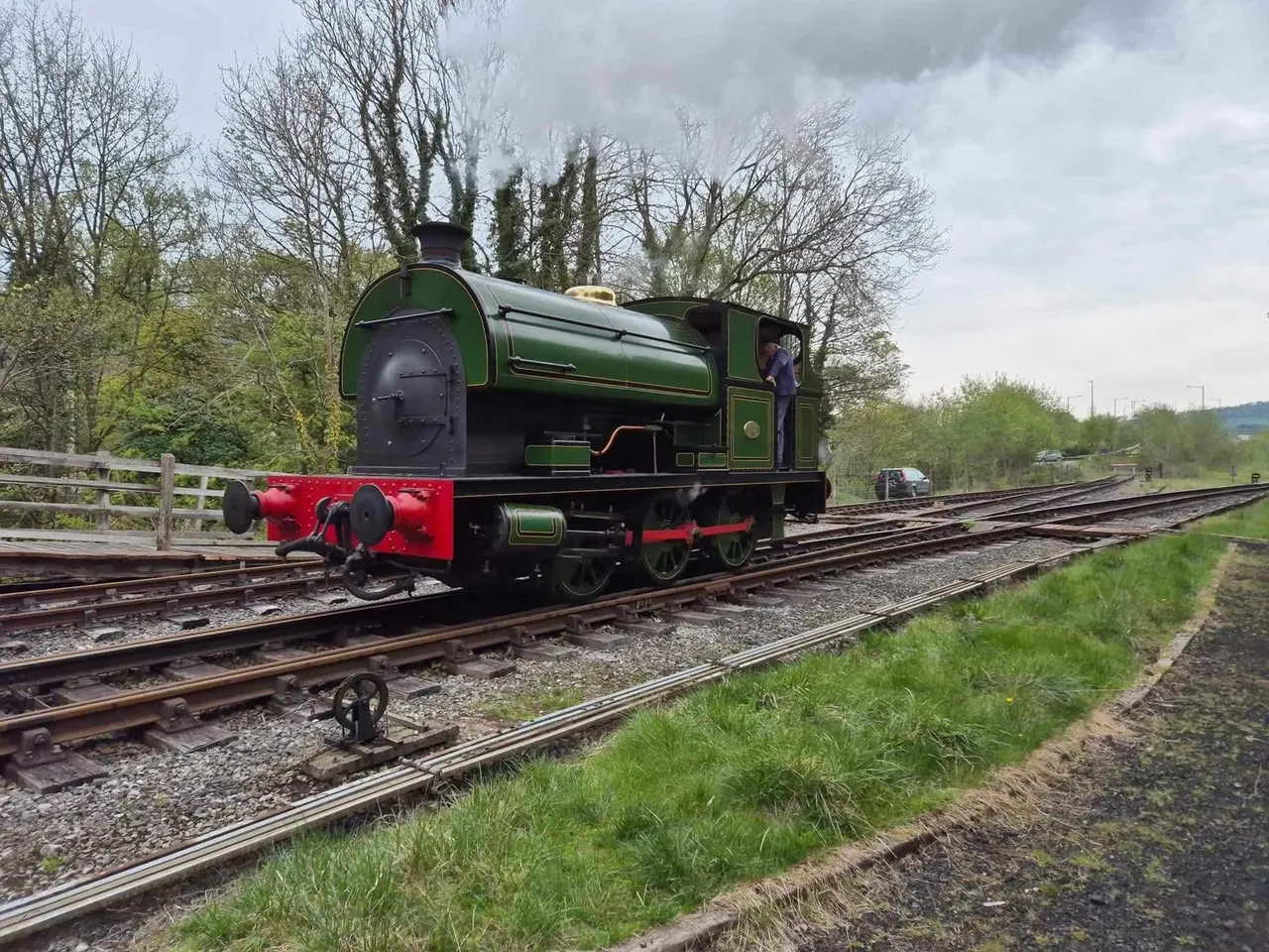 Green and red heritage steam locomotive on railway tracks with operator visible in cab, surrounded by bare and leafy trees.