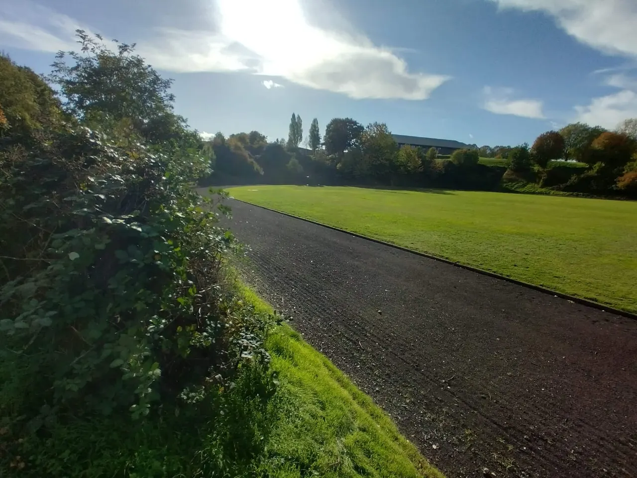 A tarmac path runs alongside a large open green field bordered by hedges and trees under a blue sky with clouds.