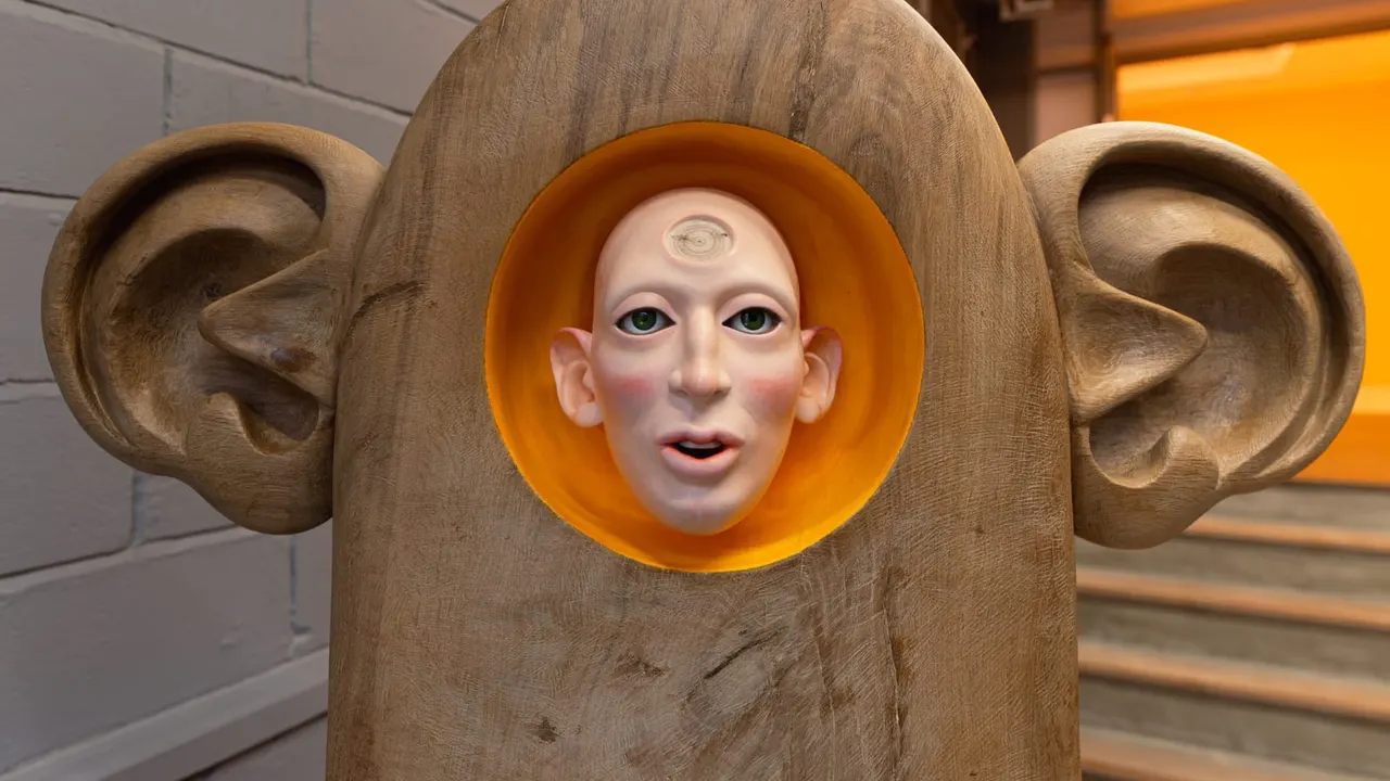 Whimsical wooden sculpture with oversized ears and a stylised face with orange halo indoors.