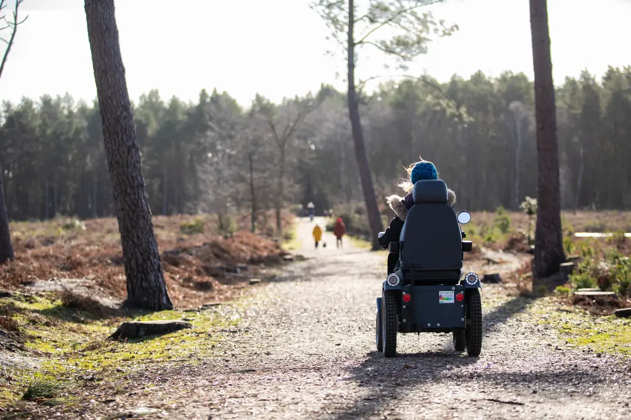 Person in electric mobility vehicle riding on forest path with walkers in distance.