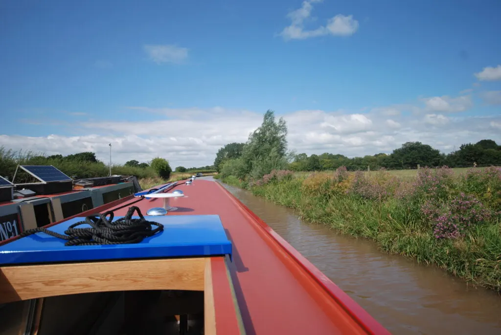 Narrowboat moored on a canal beside flowering plants and trees under blue sky.