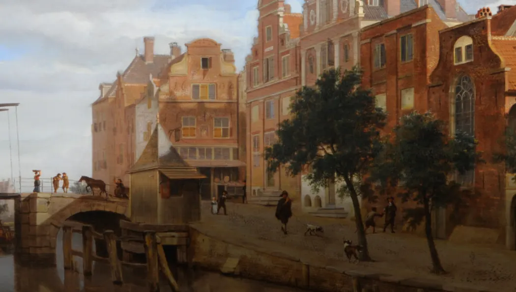 Historic painting of a busy town square with red-brick buildings, a bridge, waterway, and various figures and animals in period dress.