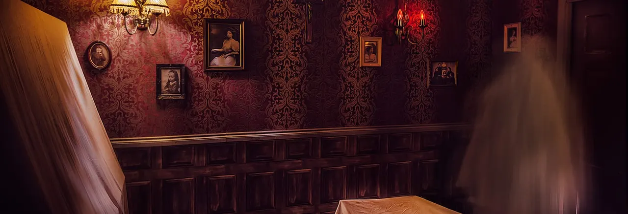Ornate Victorian-style room with burgundy damask wallpaper, portraits, sconces, and wood panelling.