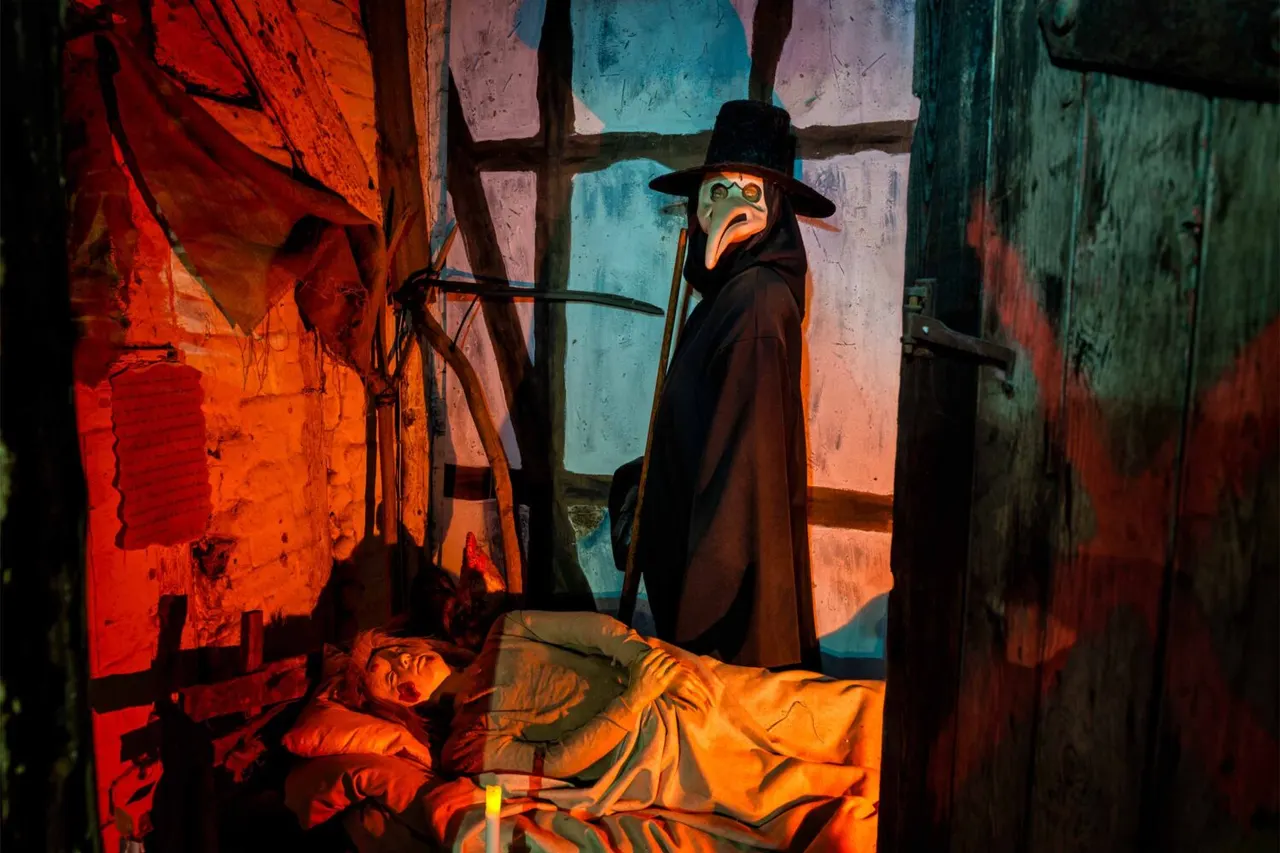 Figure in plague doctor mask and cape standing over a prone figure in a dimly lit, colourfully lit room.