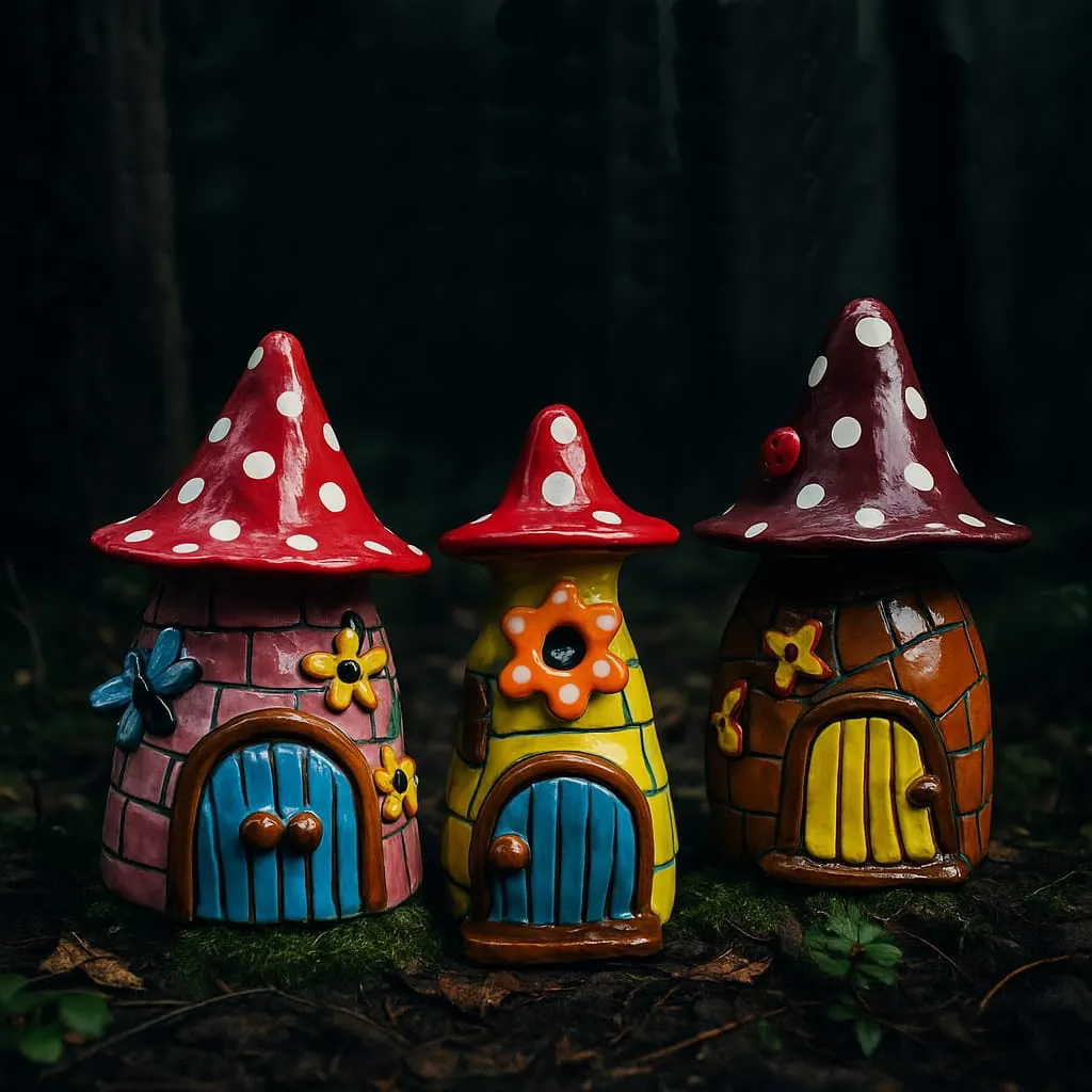 Three painted ceramic toadstool houses with red and white spotted caps and colourful doors, displayed on moss and forest floor.