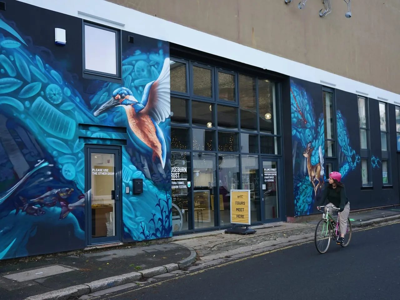 Person on a bicycle passing a building with vibrant blue mural artwork featuring a large bird and aquatic life.