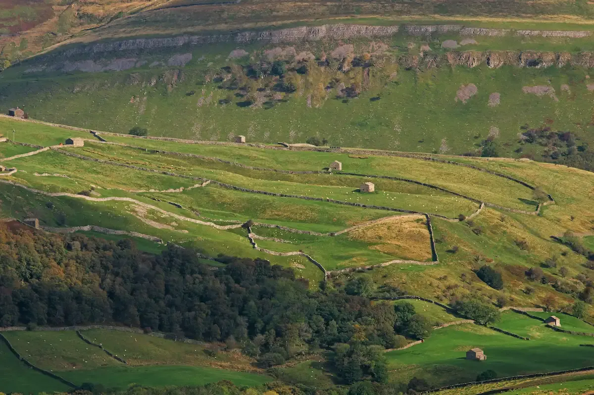 Aerial view of rolling hillside farmland with stone walls, scattered buildings, woodland, and a river winding through a green valley.