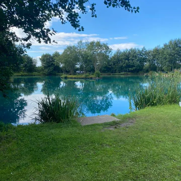 Clear blue lake with grassy banks, reeds, and tree-lined shores under a partly cloudy sky.