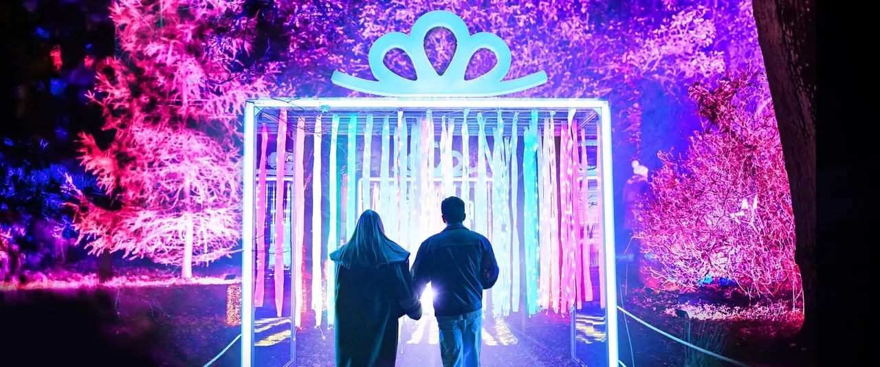 Two people walk through an illuminated neon archway surrounded by vibrant pink and purple glowing trees at night.