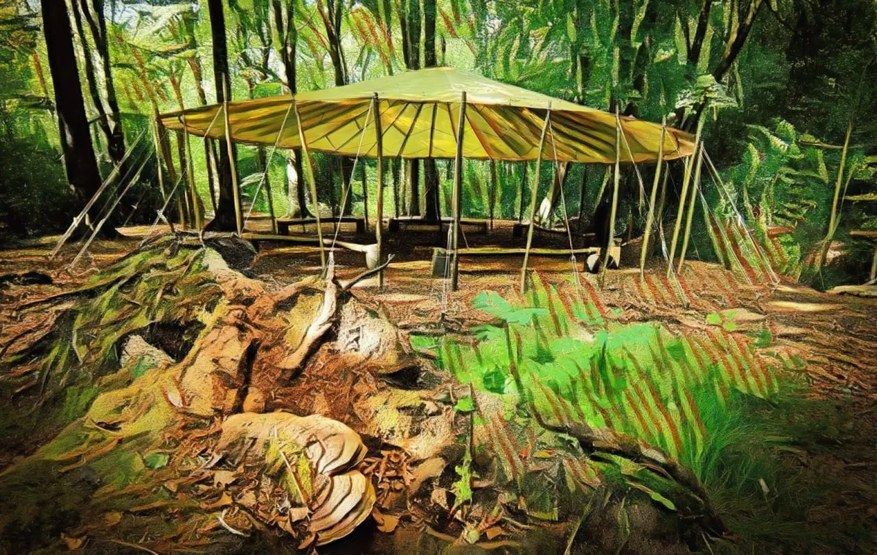 Woodland shelter with yellow canvas canopy surrounded by fallen logs, fungi and fern plants amongst dense forest.