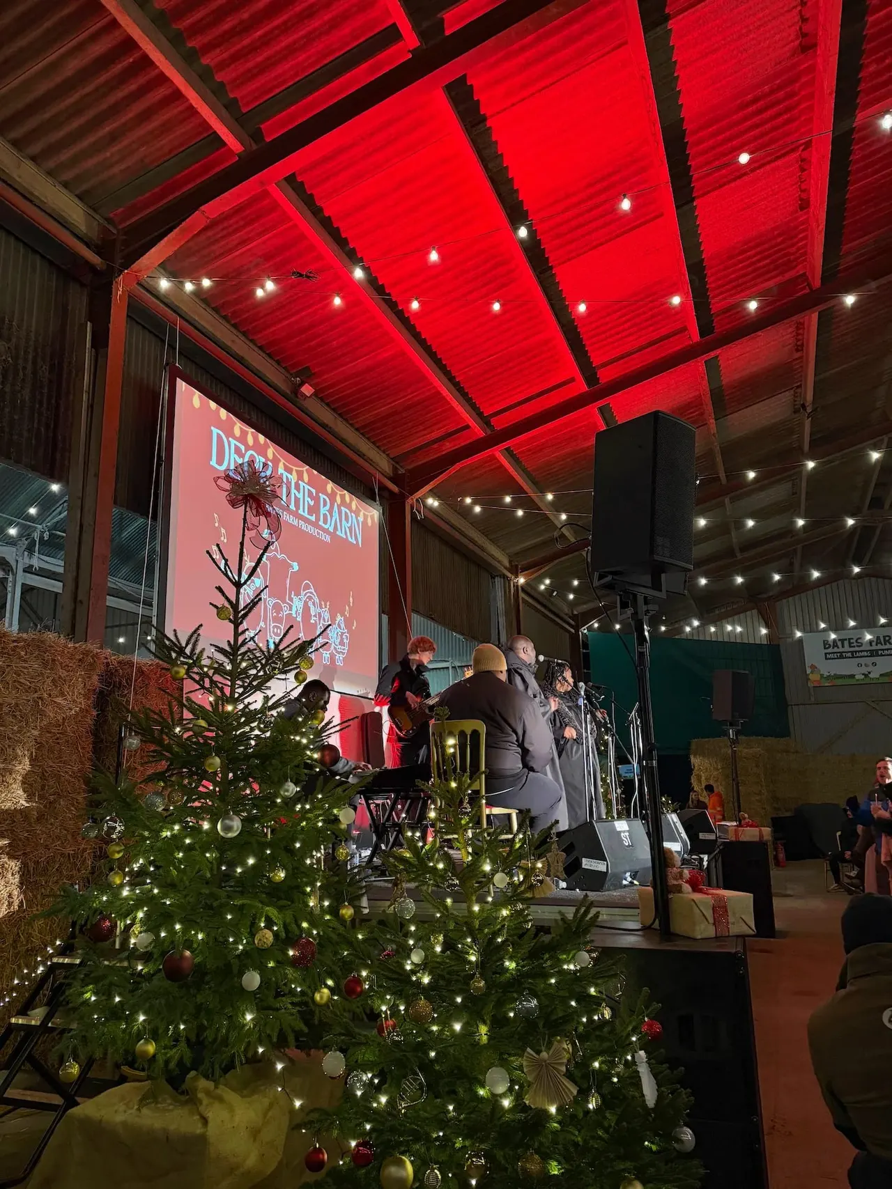 Band performing on stage in a barn venue with decorated Christmas tree in foreground, red lighting overhead, and hay bales.