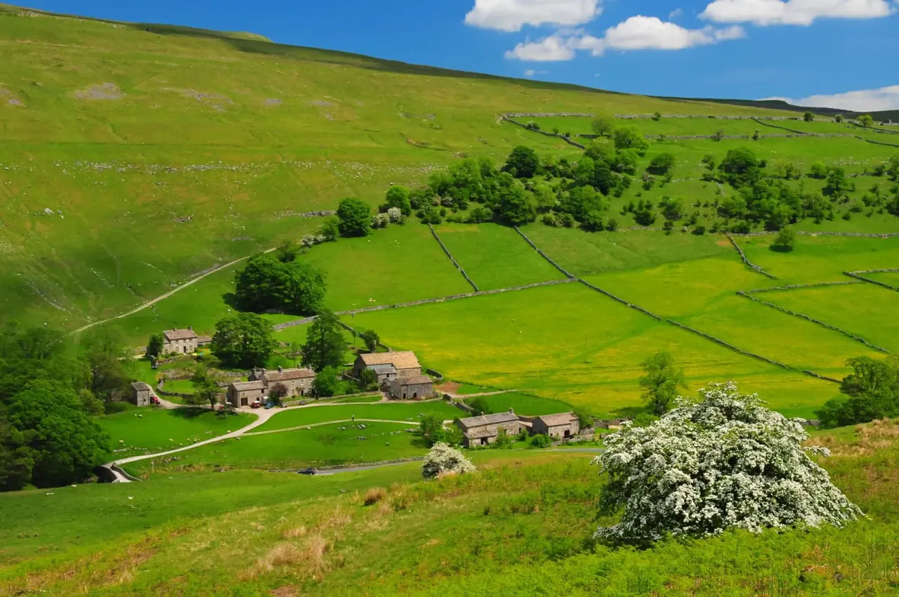 Rural valley landscape with stone farm buildings, dry-stone walls, grazing sheep and rolling green hills under blue sky.