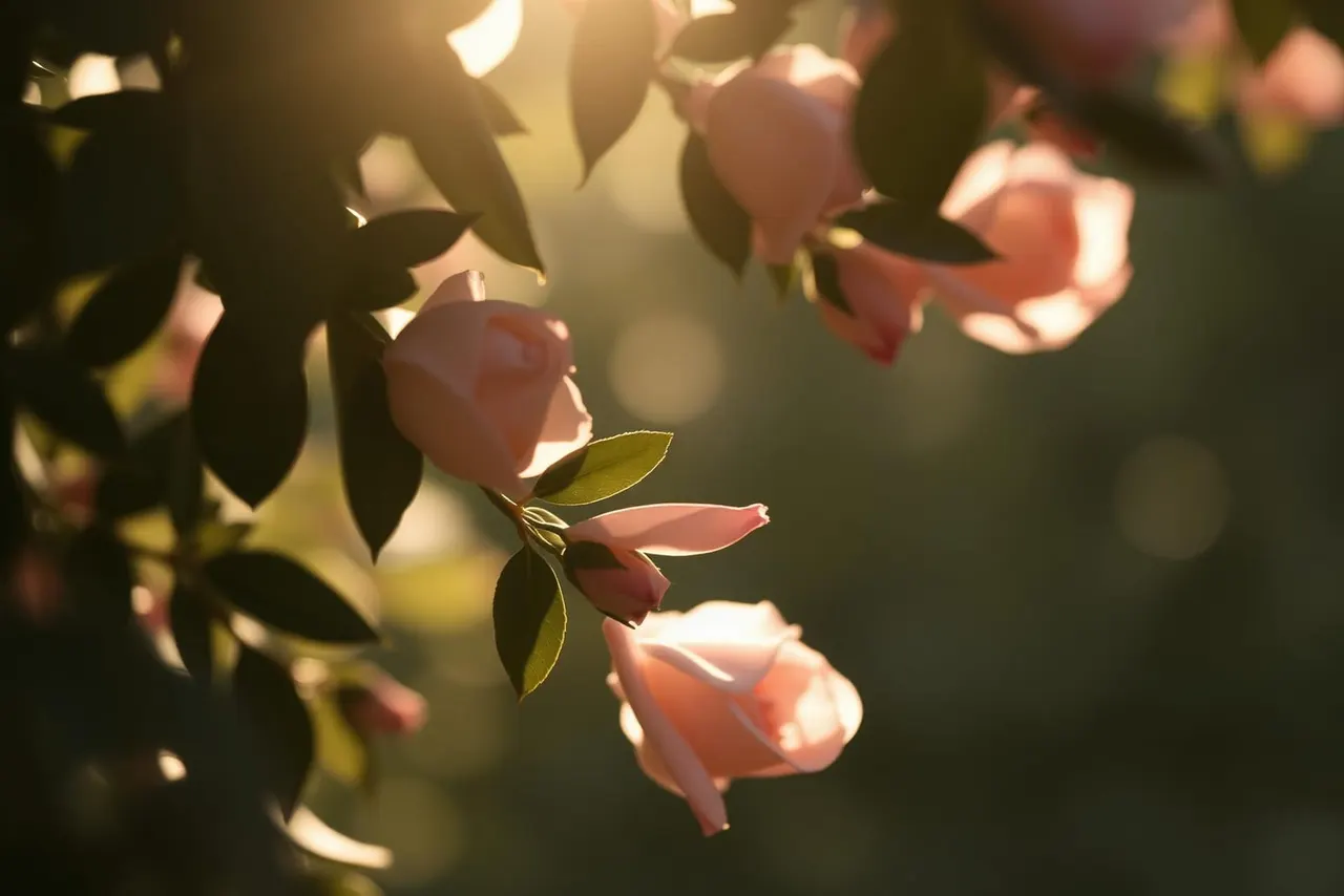Close-up of pink roses backlit by warm sunlight, with green leaves visible amongst the blooms.