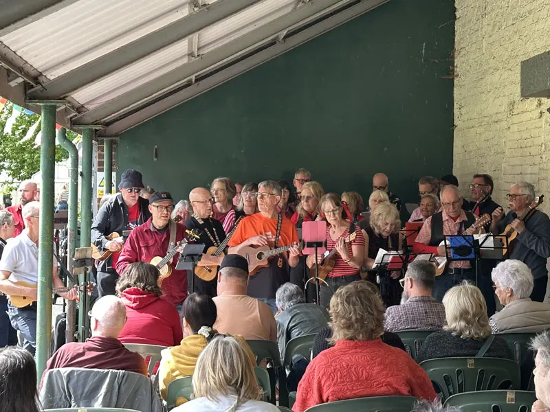 A group of older adults performing with acoustic guitars and singing together under a covered outdoor shelter, watched by an audience seated in front of them.