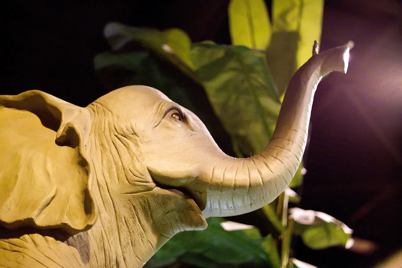 Wooden carved elephant head sculpture illuminated with yellow and green lighting.