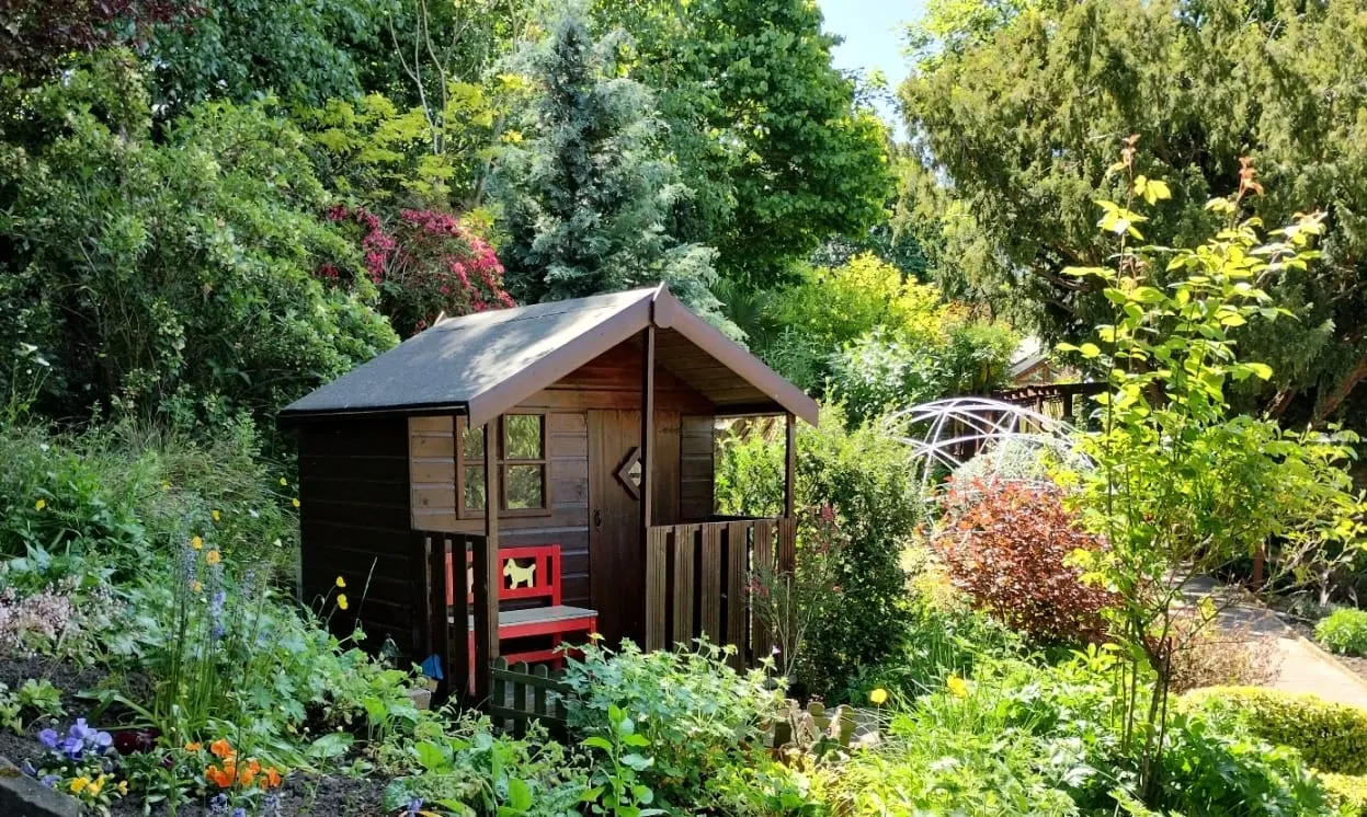 Wooden garden shed with red bench on its porch, surrounded by flowering plants and shrubs in a lush garden setting.