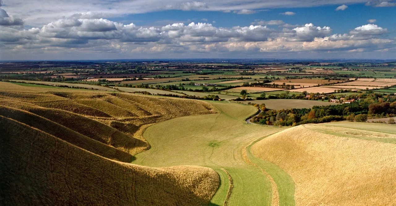 Aerial view of rolling countryside with patchwork fields, woodland, scattered settlements and blue sky with white clouds.