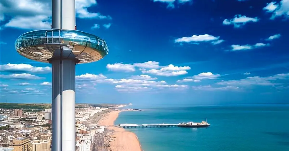 Aerial view of a coastal town with sandy beaches, a pier, and turquoise sea, seen from a tall observation tower.