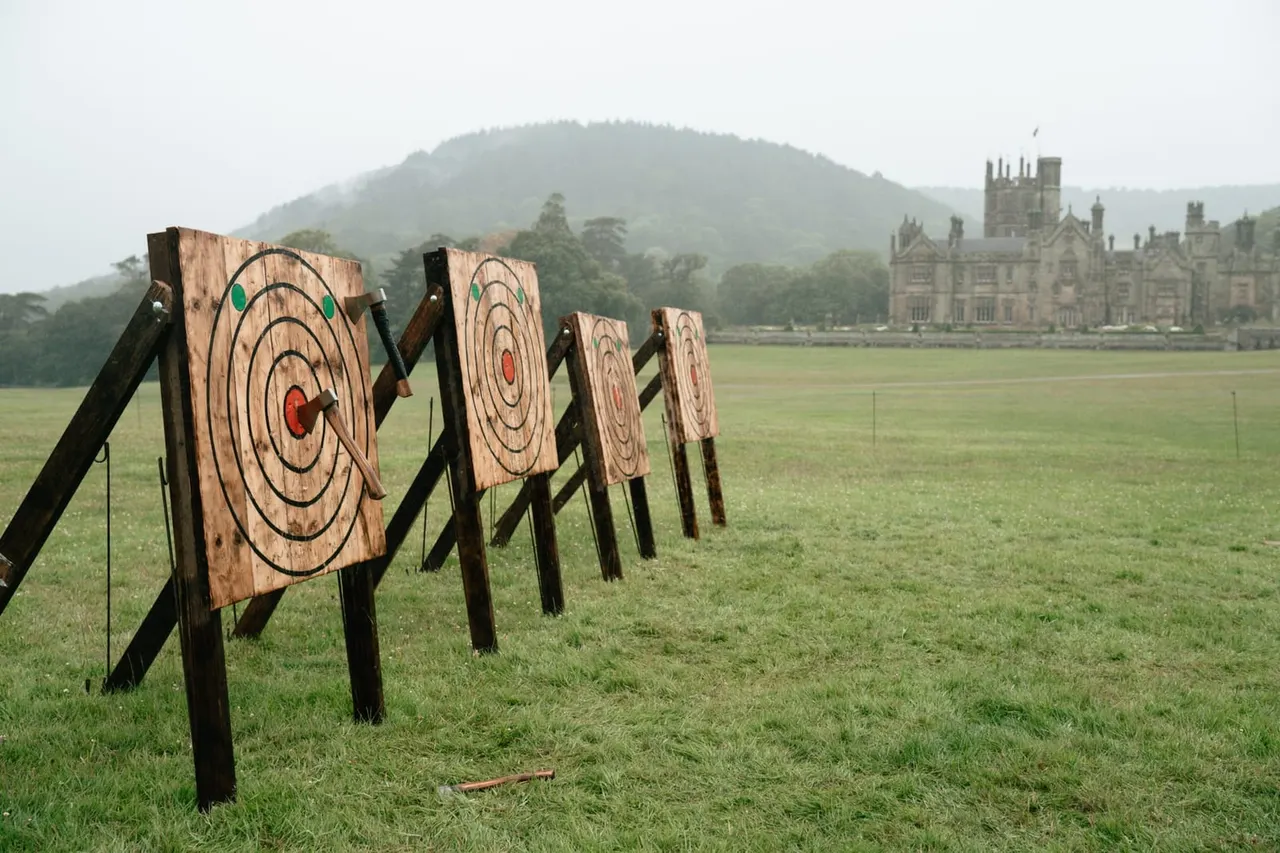 Archery targets set up in a grassy field with a castle and forested hillside in the background.