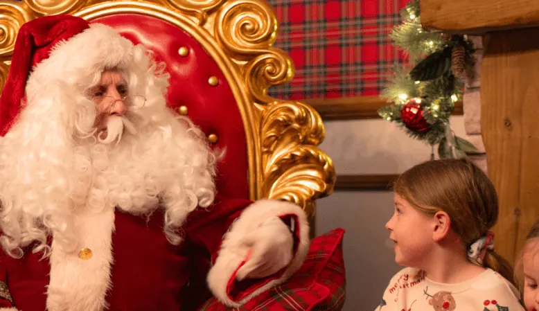 A child meets Father Christmas seated on an ornate gold and red chair in a festively decorated wooden interior.