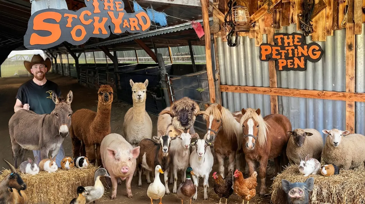 Man in cowboy hat stands with a large collection of farm animals including donkey, alpacas, goats, horses, pig, ducks, chickens and rabbits in a barn.