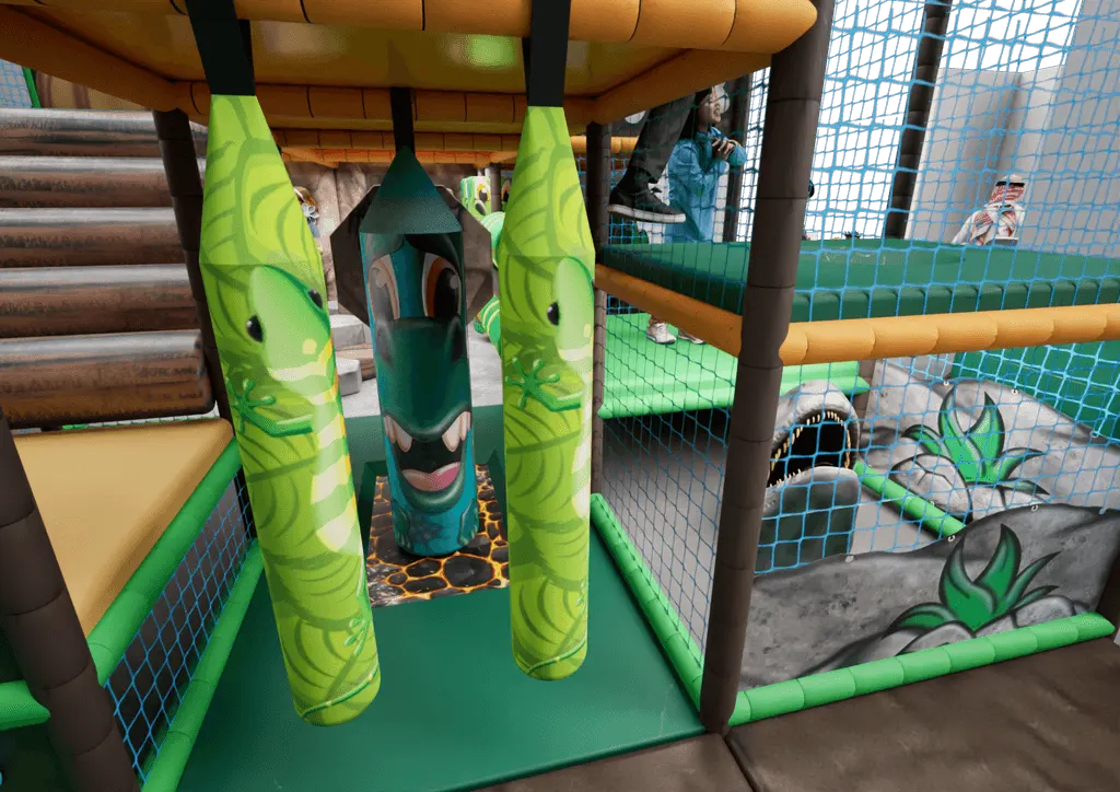 Children navigating through a dinosaur-themed inflatable play structure with green pillars and netting.