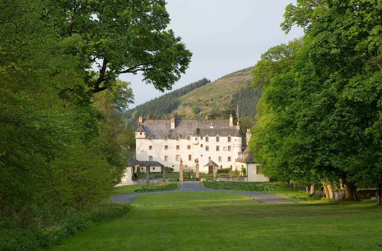 Large white castle viewed through tree-lined avenue across green lawn, with forested hillside beyond.